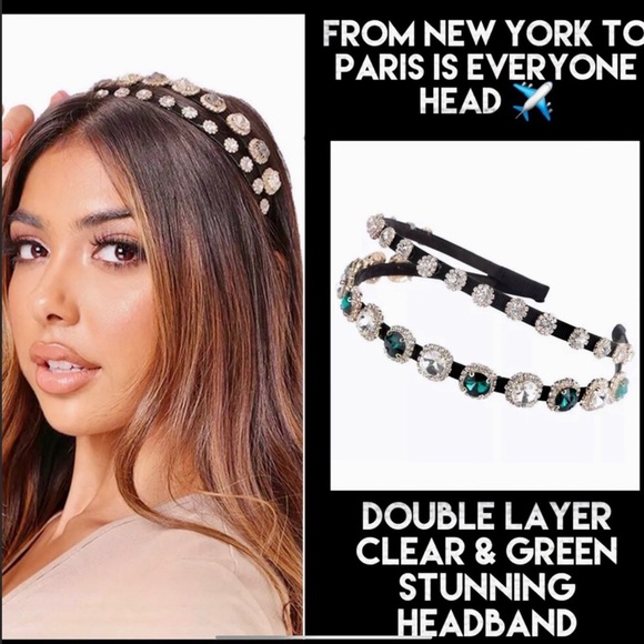 Double Layer Rhinestones Clear & Green 💚 Stunning Headband 🤍💚🤍 - Picture 2 of 8